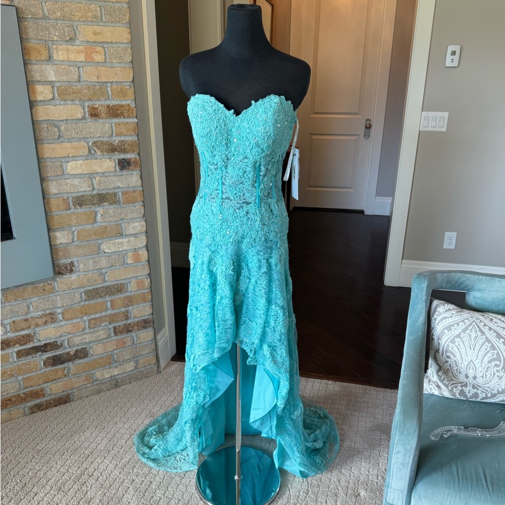 JVN by Jovani Aqua Strapless Prom Dress